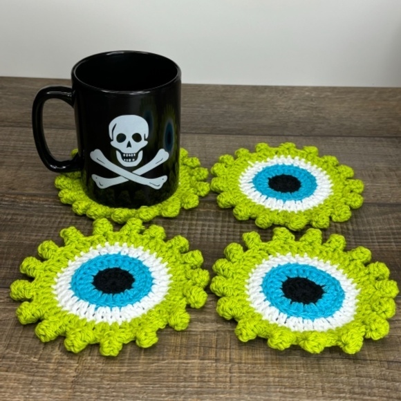 Evil Eye Halloween Monster Coasters Cup Mug Cotton Set of 4 Handcrafted Crochet - Picture 3 of 15